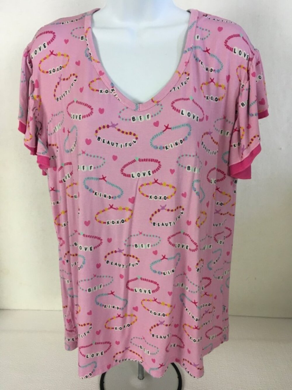 Sophia Rose Pajama Top Size 2XL Pink with Love Bracelets V Neck Short Sleeves